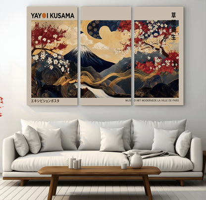 Yayoi Kusama's artwork featuring Mount Fuji, blooming cherry trees, and intricate swirls, blending traditional Japanese elements with vibrant color.