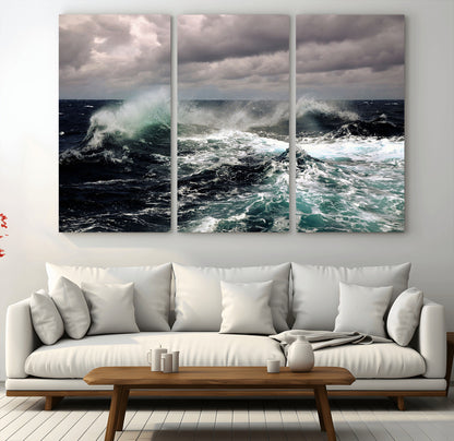 Powerful ocean waves crashing under stormy skies, creating a dynamic and intense seascape.