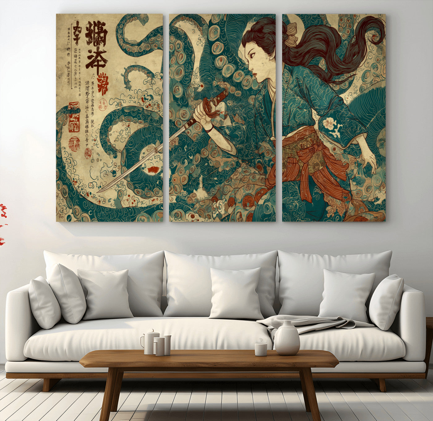 Tsukioka Yoshitoshi Samurai Wall Art Print, Japanese Katana Warrior Canvas Wall Art, Octopus Sea Monster Canvas Print,