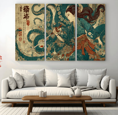 Tsukioka Yoshitoshi Samurai Wall Art Print, Japanese Katana Warrior Canvas Wall Art, Octopus Sea Monster Canvas Print,