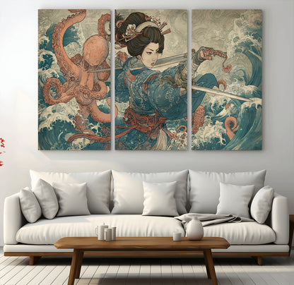 Tsukioka Yoshitoshi Samurai Wall Art Print, Japanese Katana Warrior Canvas Wall Art, Octopus Sea Monster Canvas Print,