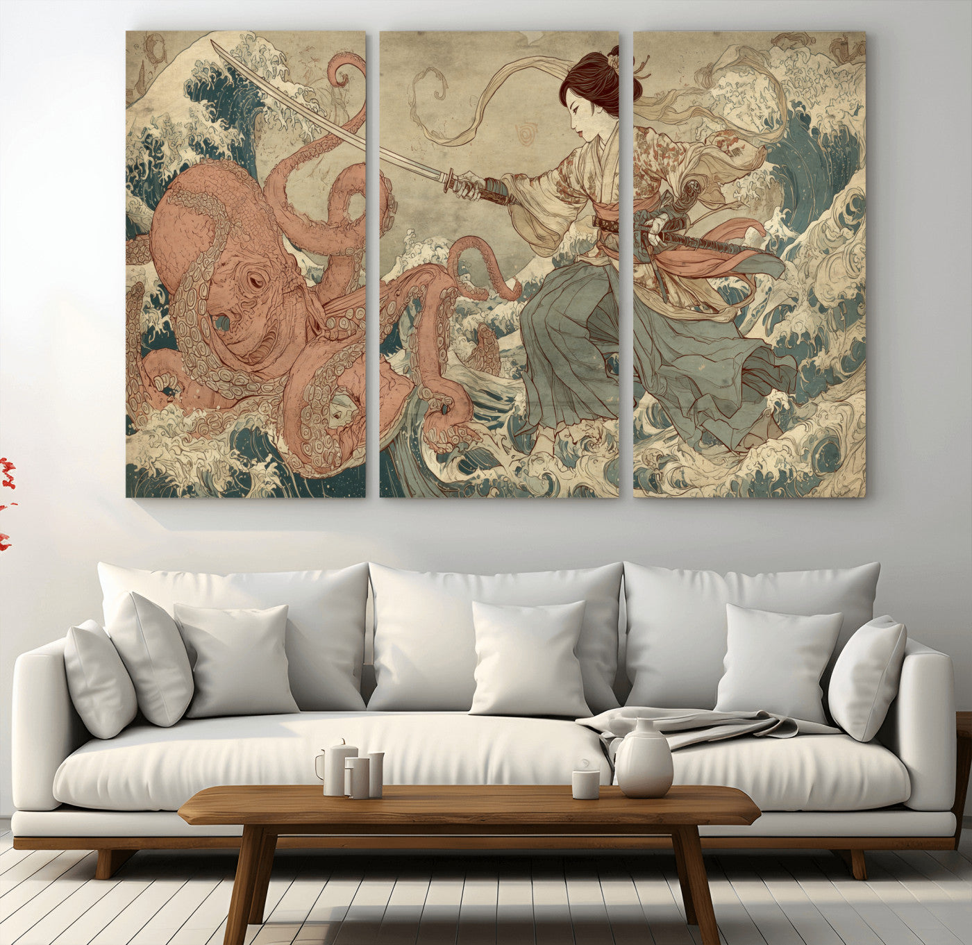 Tsukioka Yoshitoshi Samurai Wall Art Print, Japanese Katana Warrior Canvas Wall Art, Octopus Sea Monster Canvas Print,