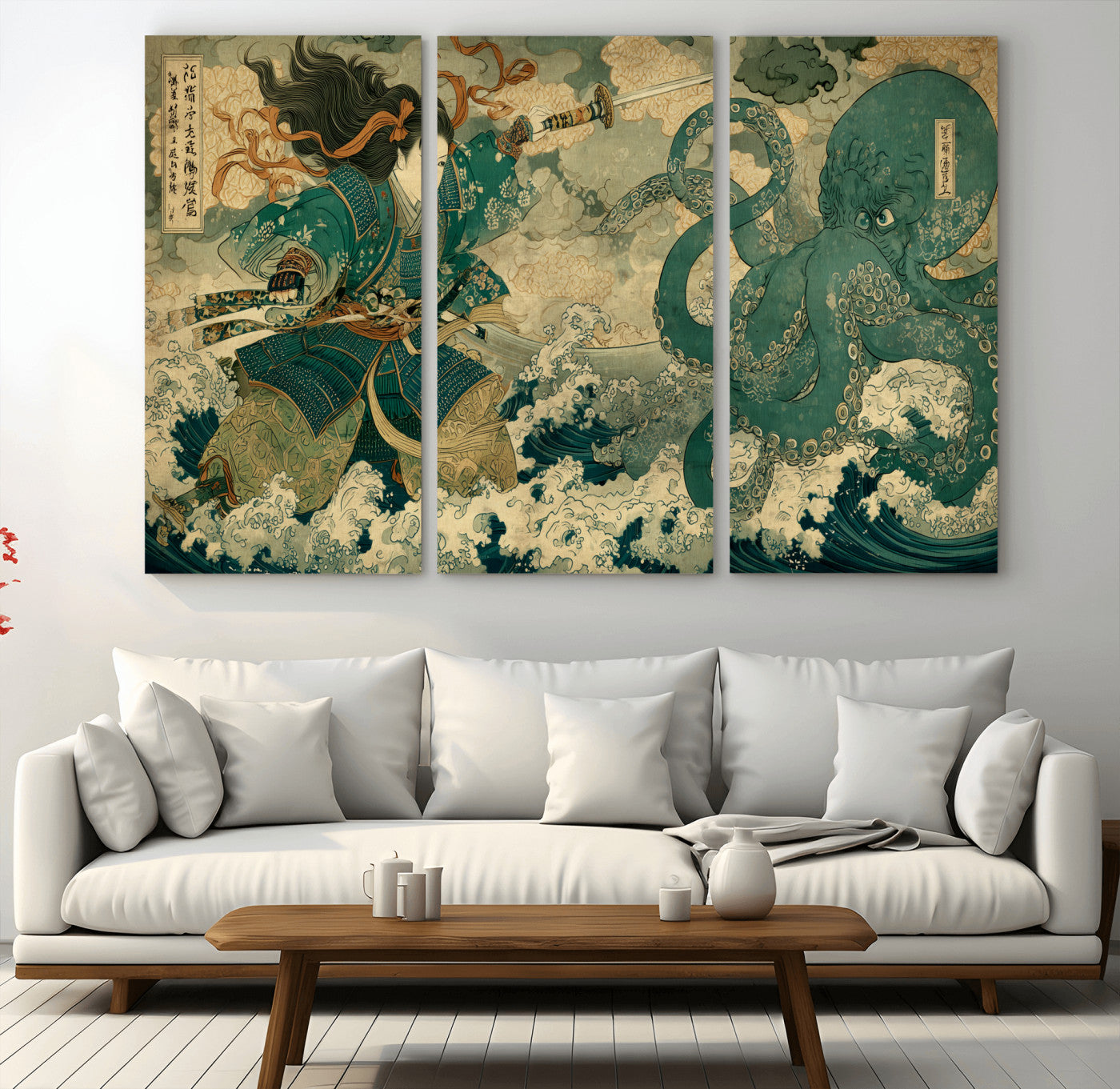 Tsukioka Yoshitoshi Samurai Wall Art Print, Japanese Katana Warrior Canvas Wall Art, Octopus Sea Monster Canvas Print,