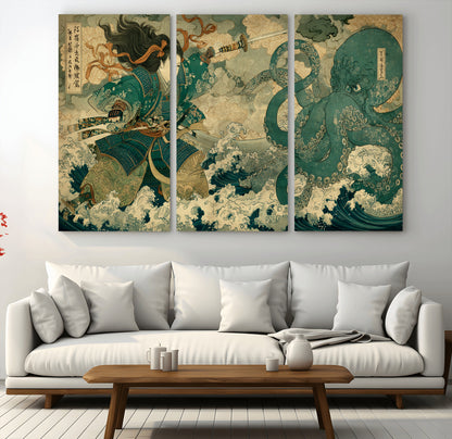 Tsukioka Yoshitoshi Samurai Wall Art Print, Japanese Katana Warrior Canvas Wall Art, Octopus Sea Monster Canvas Print,