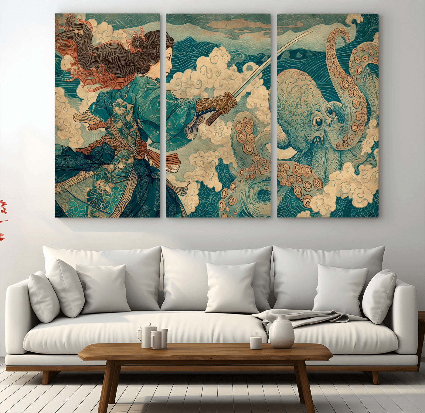 Tsukioka Yoshitoshi Samurai Wall Art Print, Japanese Katana Warrior Canvas Wall Art, Octopus Sea Monster Canvas Print,