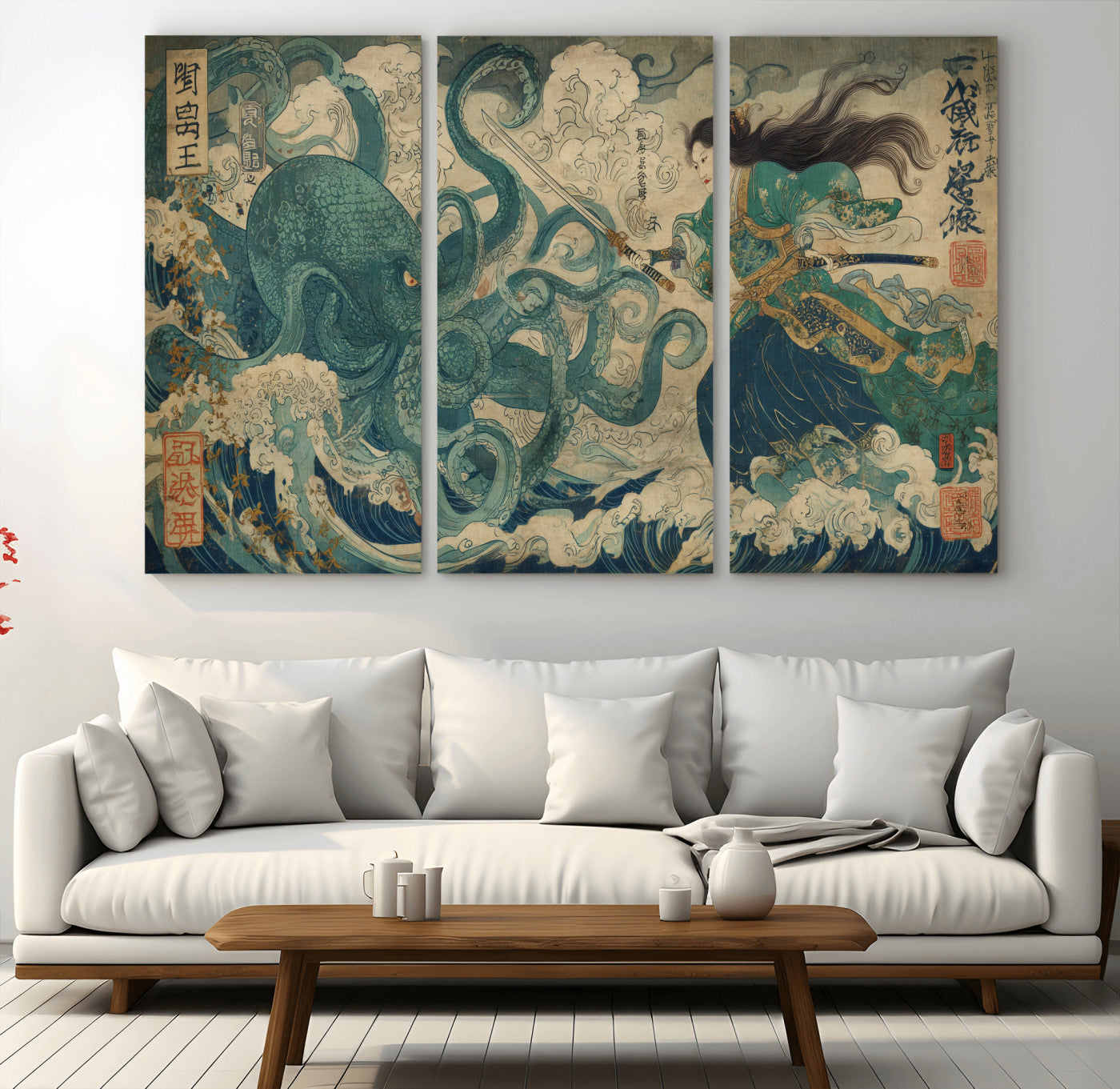 Tsukioka Yoshitoshi Samurai Wall Art Print, Japanese Katana Warrior Canvas Wall Art, Octopus Sea Monster Canvas Print,