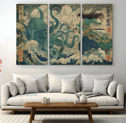 Tsukioka Yoshitoshi Samurai Wall Art Print, Japanese Katana Warrior Canvas Wall Art, Octopus Sea Monster Canvas Print,