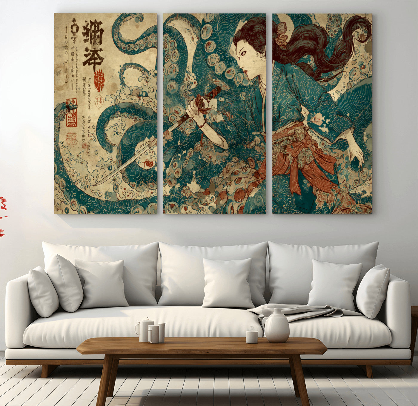 Tsukioka Yoshitoshi Samurai Wall Art Print, Japanese Katana Warrior Canvas Wall Art, Octopus Sea Monster Canvas Print,