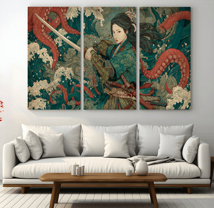 Tsukioka Yoshitoshi Samurai Wall Art Print, Japanese Katana Warrior Canvas Wall Art, Octopus Sea Monster Canvas Print,