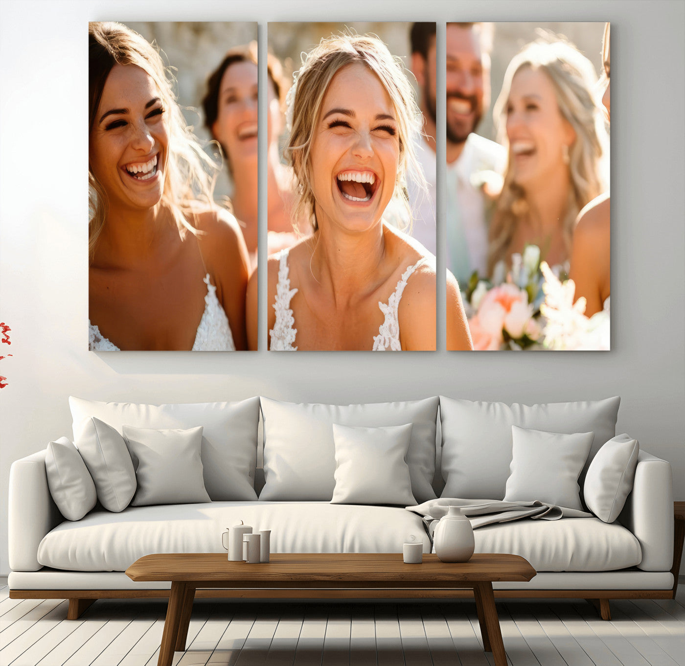 MGV-CV-48X32-3P - Joyful Wedding Wall Art – Laughing Bride and Bridesmaids Canvas Print, Romantic Celebration Photography Decor for Bedroom, Living Room, or Wedding Gift