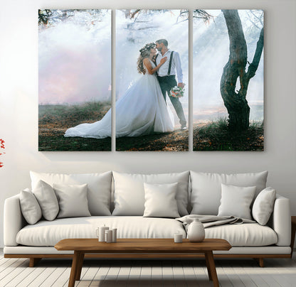 MGV-CV-48X32-3P - Forest Wedding Wall Art – Romantic Bride and Groom Canvas Print, Enchanted Woodland Photography Decor for Bedroom, Living Room, or Wedding Gift