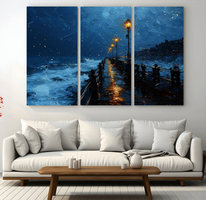 "Impressionistic painting of a rainy pier at night with glowing street lamps reflecting on the wet surface, ocean waves crashing under a dark blue sky."