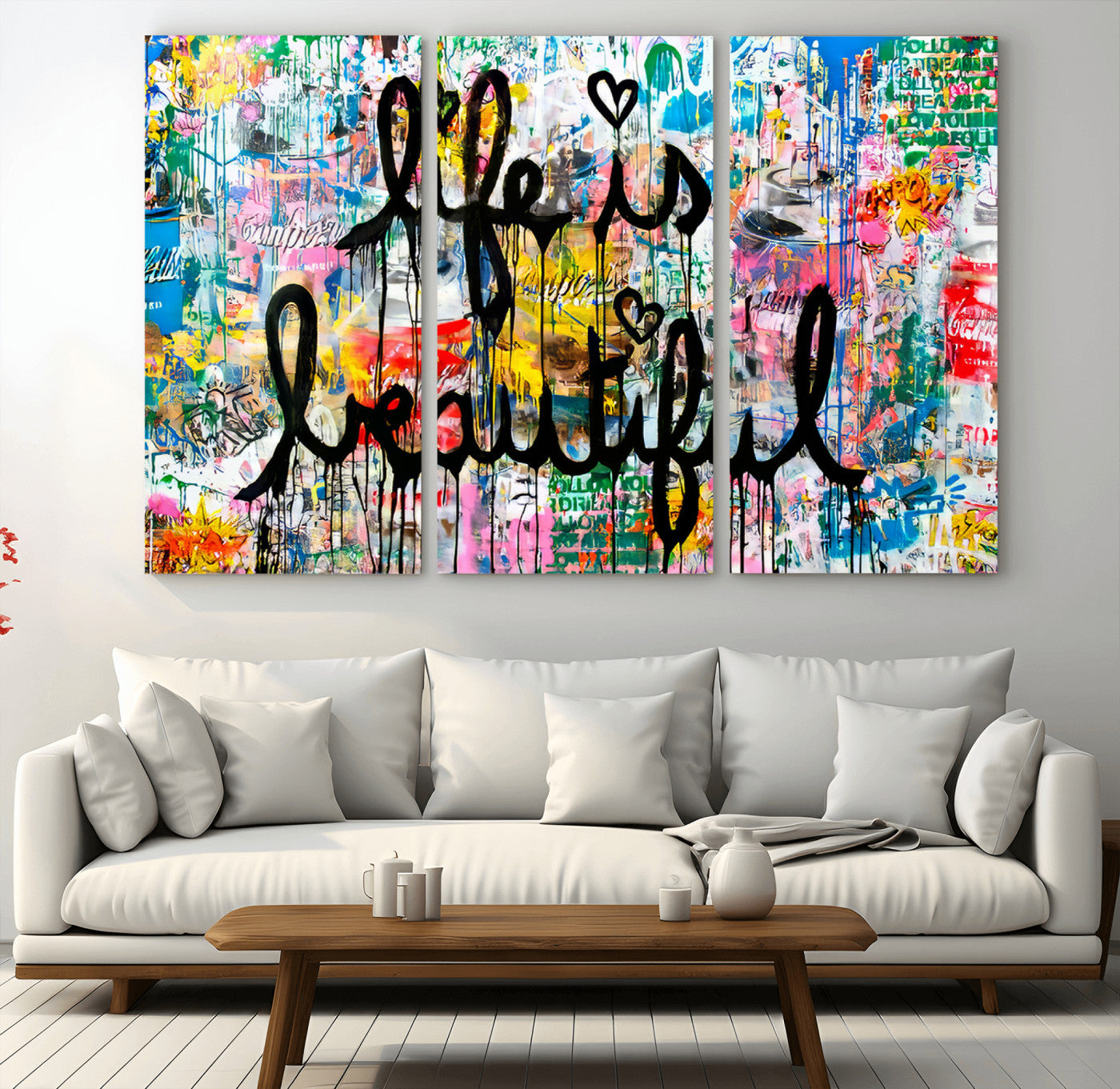 Colorful urban-style canvas with graffiti text “Life is Beautiful” in black paint, ideal for bold or street-themed home decor.