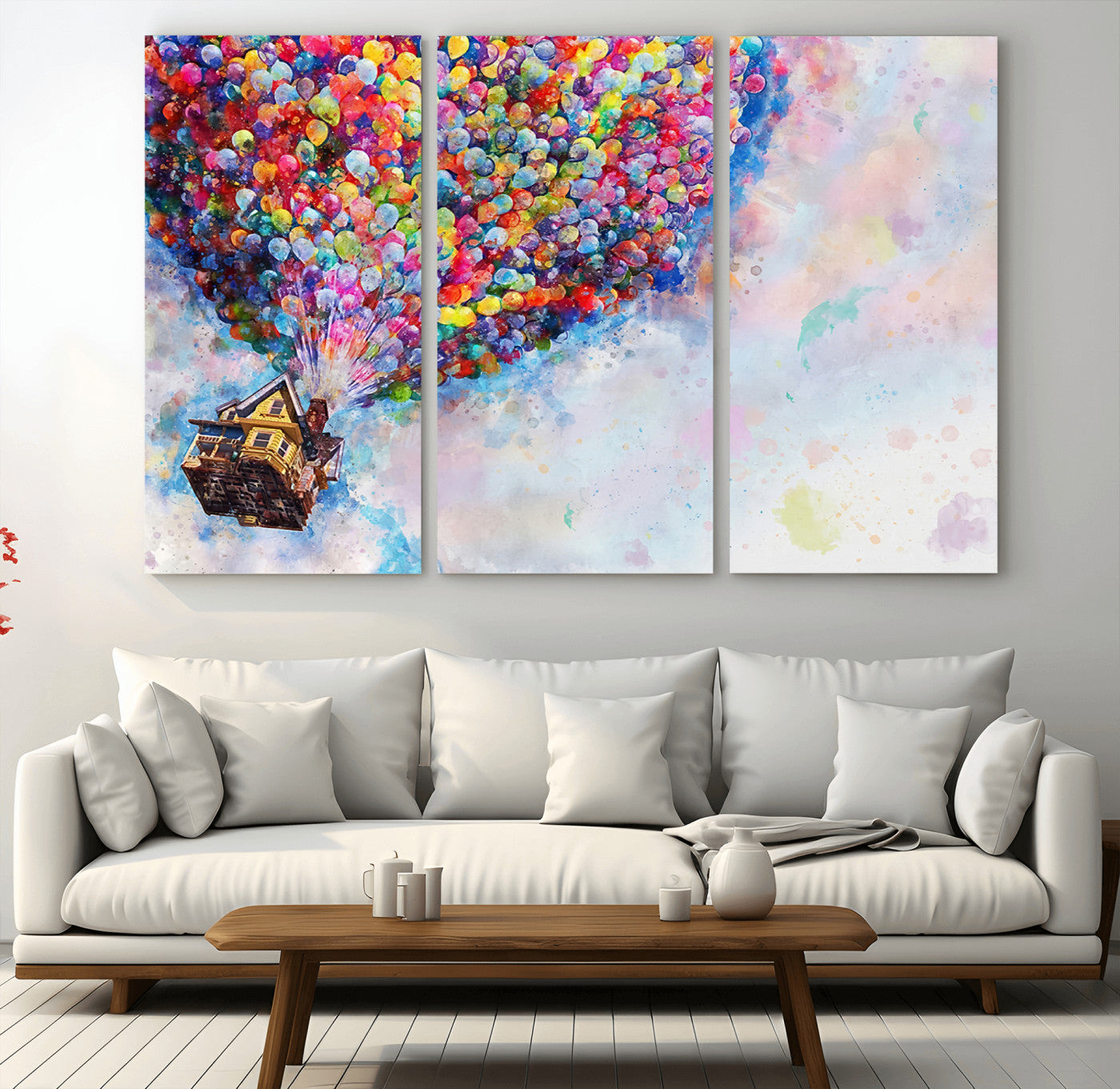 Whimsical canvas of the house from the movie Up flying with colorful balloons, ideal for Pixar or animation-themed decor.