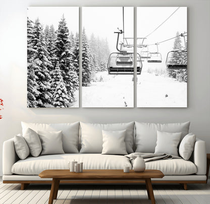 Black and white canvas of empty ski lifts over a snowy pine forest, perfect for minimal winter or ski lodge-inspired decor.