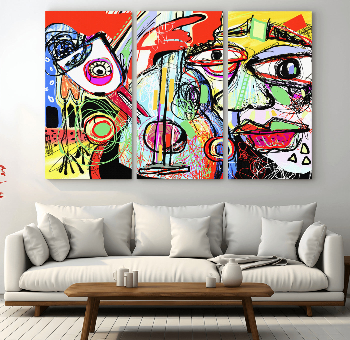 Colorful abstract portrait in graffiti style, featuring vibrant lines and chaotic energy, perfect for urban modern home decor.