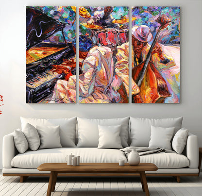 Vibrant oil painting of a jazz band with piano, saxophone, and bass, ideal for colorful and expressive music-themed home decor.