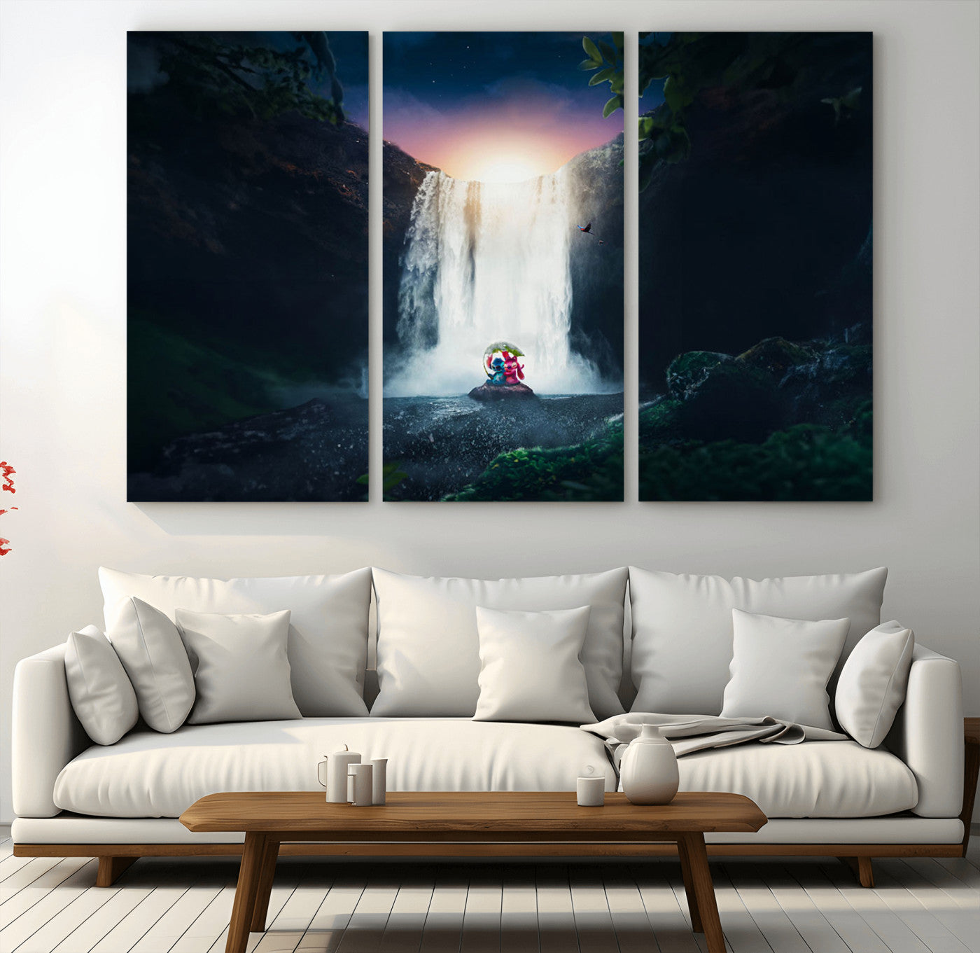 Romantic scene of Stitch and Angel sitting under a leaf in front of a glowing waterfall, ideal for tropical or fantasy-themed decor.