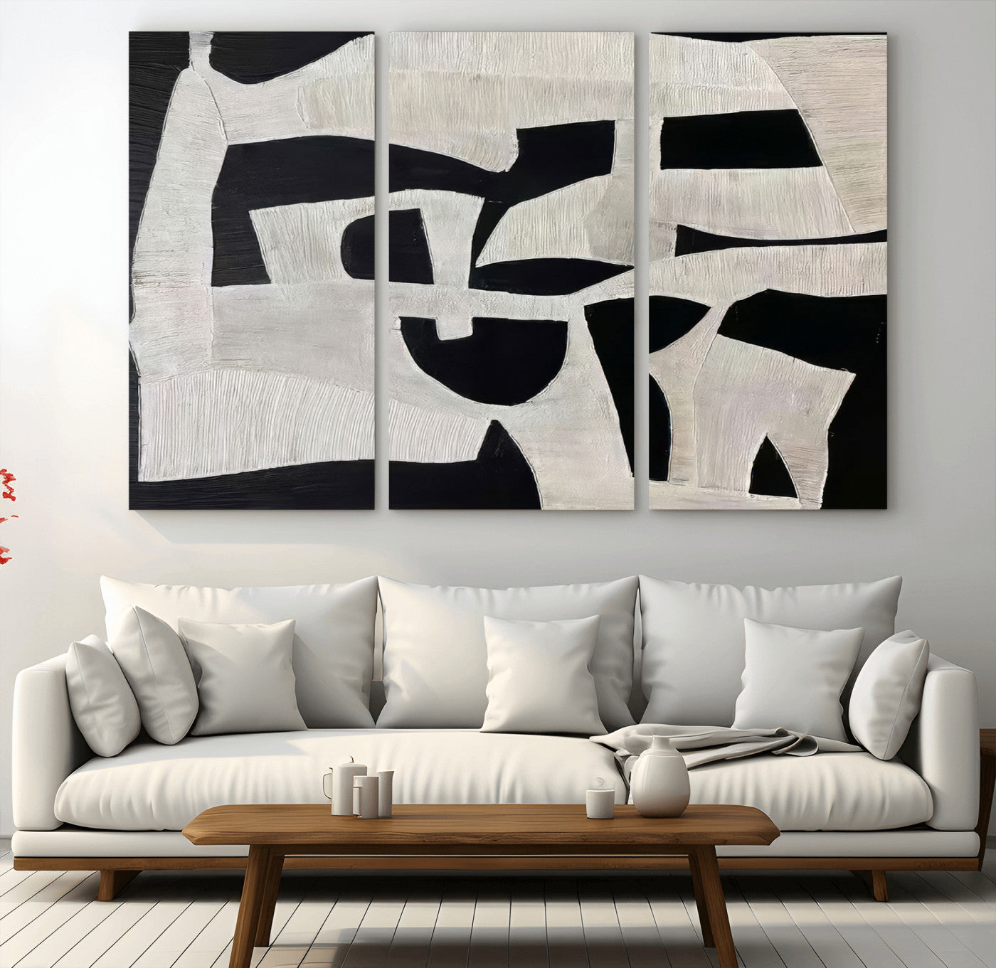 Minimalist black and white canvas featuring bold abstract textures and geometric shapes, ideal for modern neutral decor.
