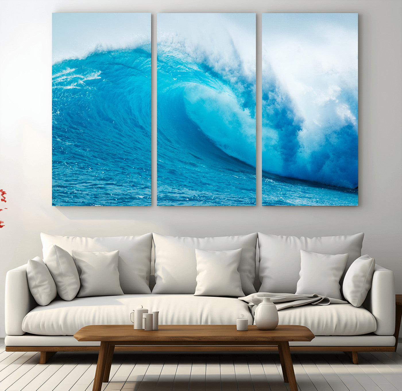 Vibrant canvas of a powerful curling ocean wave in tropical blue tones, perfect for coastal or surf-inspired decor settings.