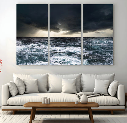 Moody ocean scene with stormy skies and crashing waves, perfect for dramatic or coastal-style home wall decor.