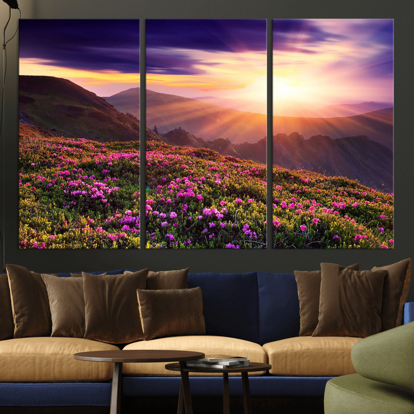-Mountain Sunrise Wall Art – Vibrant Floral Landscape Canvas Print, Nature Home Decor for Living Room, Bedroom Office or Cabin