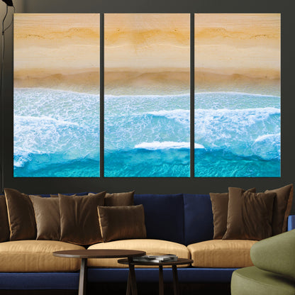 -Aerial Beach Wall Art – Serene Ocean Waves & Sandy Shore Canvas Print, Coastal Home Decor for Living Room, Bedroom or Office