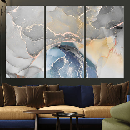 -Abstract Fluid Art Wall Decor – Blue, Gray & Gold Canvas Print, Modern Home and Office Wall Art Decor for Living Room, Bedroom or Workspace