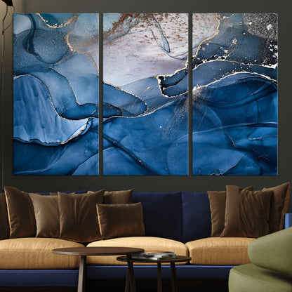 -Abstract Blue Gold Fluid Art Wall Decor – Modern Canvas Print, Elegant Home & Office Wall Art, Stylish Living Room or Bedroom Decoration