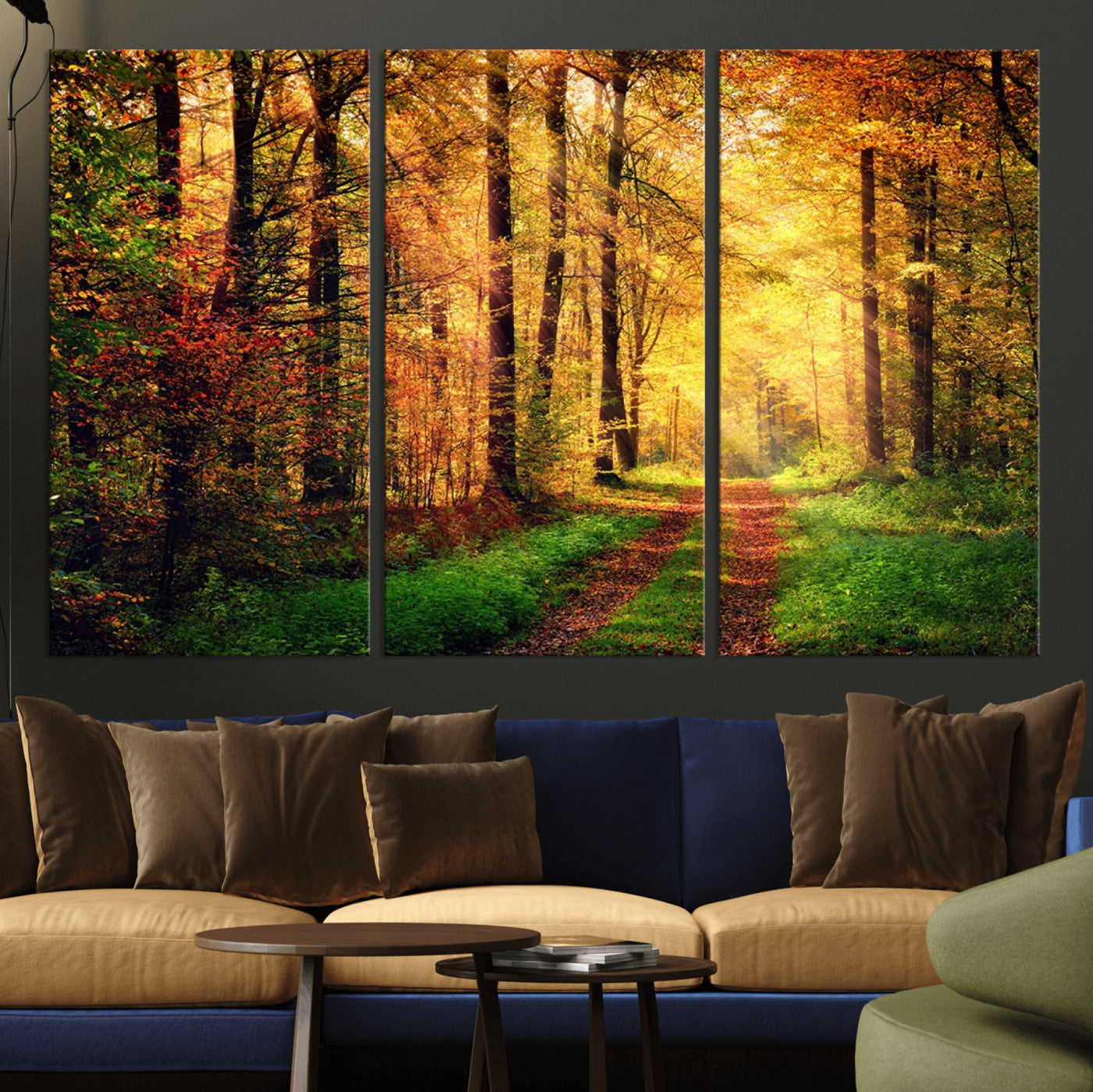73494-MGV-CV-36X24-Golden Autumn Forest Path Wall Art – Sunlit Woodland Canvas Print, Fall Nature Landscape Home Decor