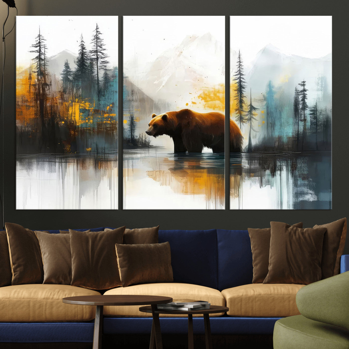 A majestic bear stands by the serene waters of a misty forest, surrounded by towering trees and distant mountains, evoking the raw beauty and wild spirit of nature.