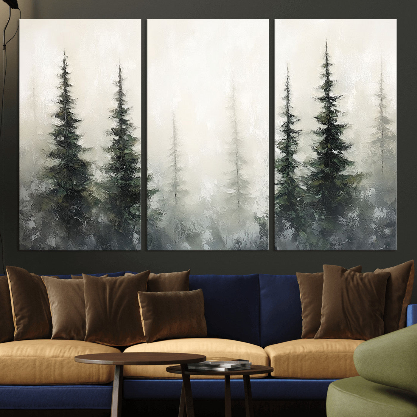 Soft and misty pine forest painting in neutral earthy tones, ideal for calm woodland or minimalist rustic home decor.
