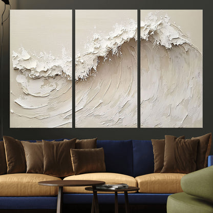 Textured canvas of an abstract white ocean wave in neutral tones, ideal for modern coastal or minimalist home decor.