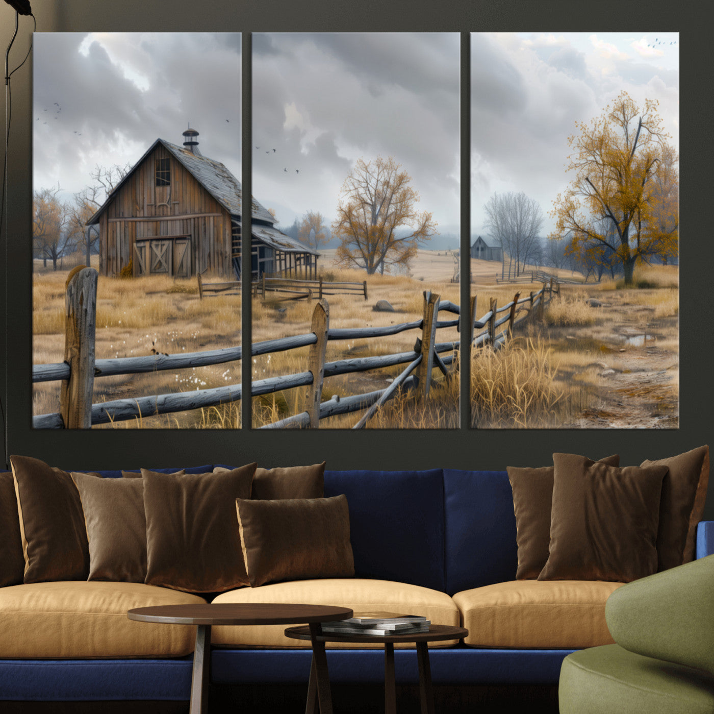 A tranquil rural scene featuring a rustic barn, overcast skies, and golden fields with scattered trees, evoking a sense of peaceful solitude in nature.