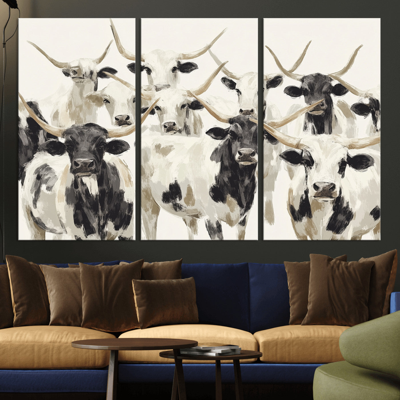 Canvas of a Texas Longhorn cattle herd in neutral black and white tones, ideal for rustic farmhouse or western-themed decor.