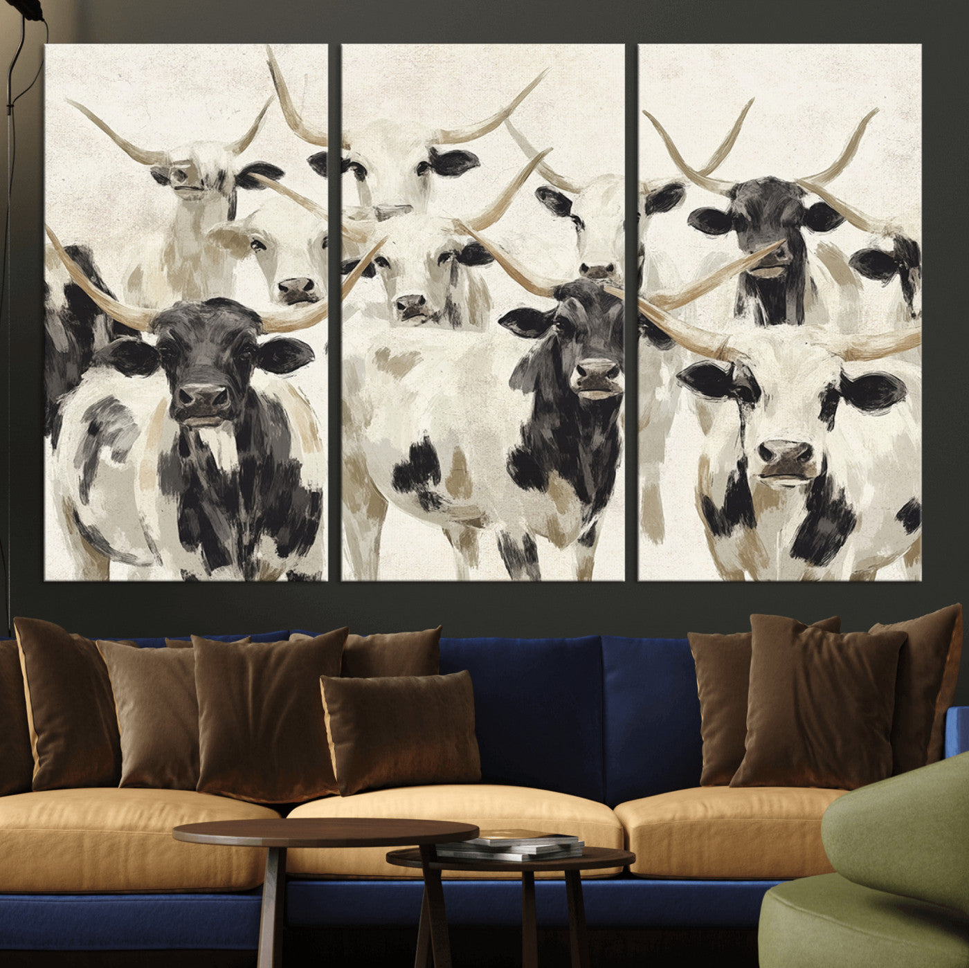 Canvas of a Texas Longhorn cattle herd in neutral black and white tones, ideal for rustic farmhouse or western-themed decor.