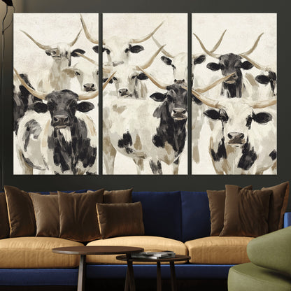 Canvas of a Texas Longhorn cattle herd in neutral black and white tones, ideal for rustic farmhouse or western-themed decor.