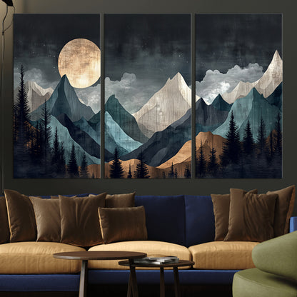 Stylized canvas of layered mountains under a full moon in neutral moody tones, ideal for nature-inspired or modern rustic interiors.