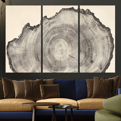 Detailed tree ring drawing in monochrome tones, ideal for rustic or nature-inspired interiors with a minimal decor aesthetic.