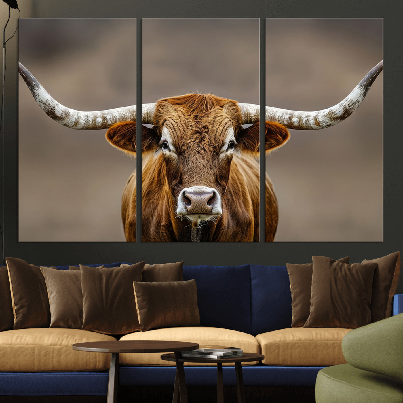 Close-up of a Texas Longhorn with strong curved horns and warm brown tones, perfect for rustic or western-style wall decor.