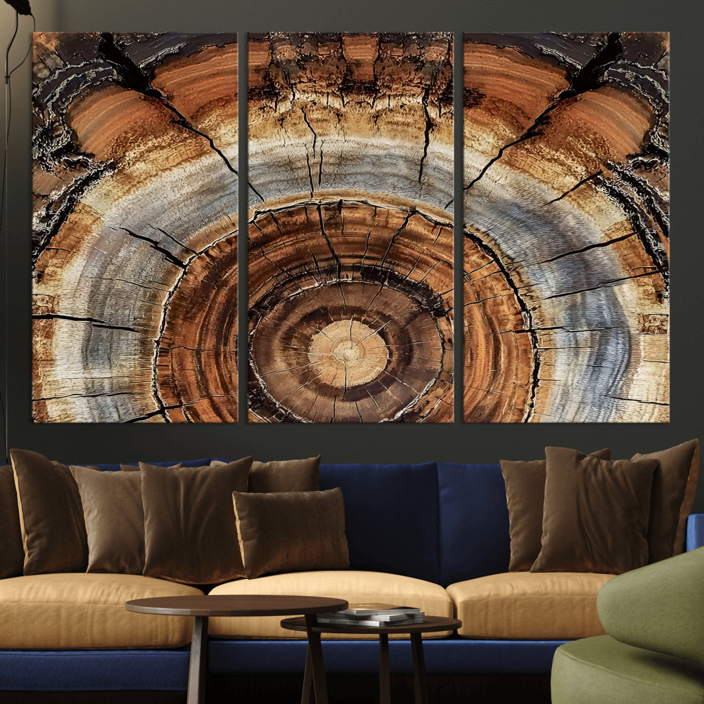 Canvas of tree rings and natural wood grain in earthy tones, ideal for rustic or vintage-inspired home decor with organic textures.