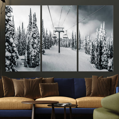 Canvas of a snowy ski lift scene through a forest of tall pine trees, ideal for moody winter or alpine-themed home decor.