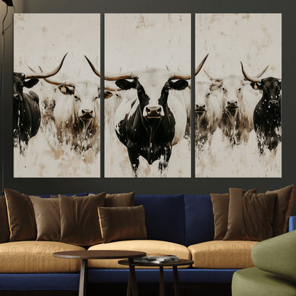 Illustrated herd of longhorn cattle in black and white tones with a neutral textured background, perfect for rustic or farmhouse-style decor.