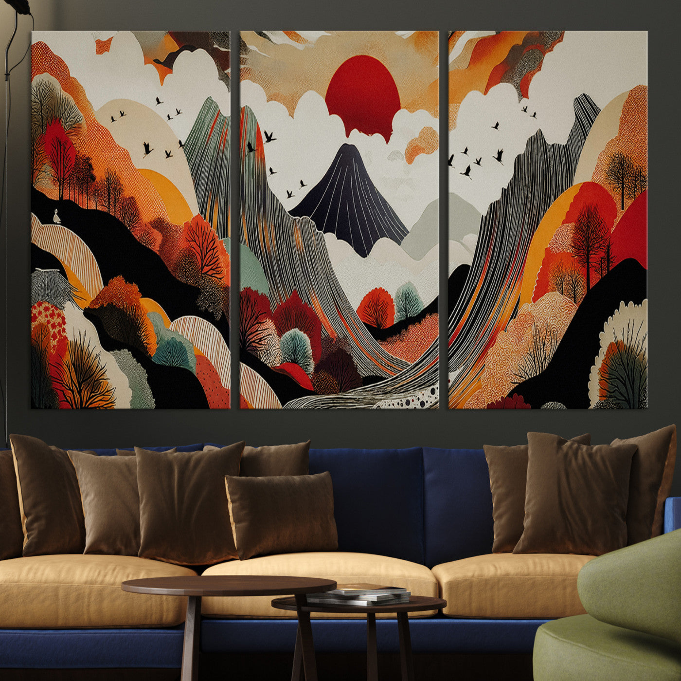 Abstract Mountain Wall Art Canvas Print, Vibrant Landscape Print, Framed Stylized Nature Drawing Art Print, Large Sunset Mountains Printing Perfect for Contemporary Minimalist Decor