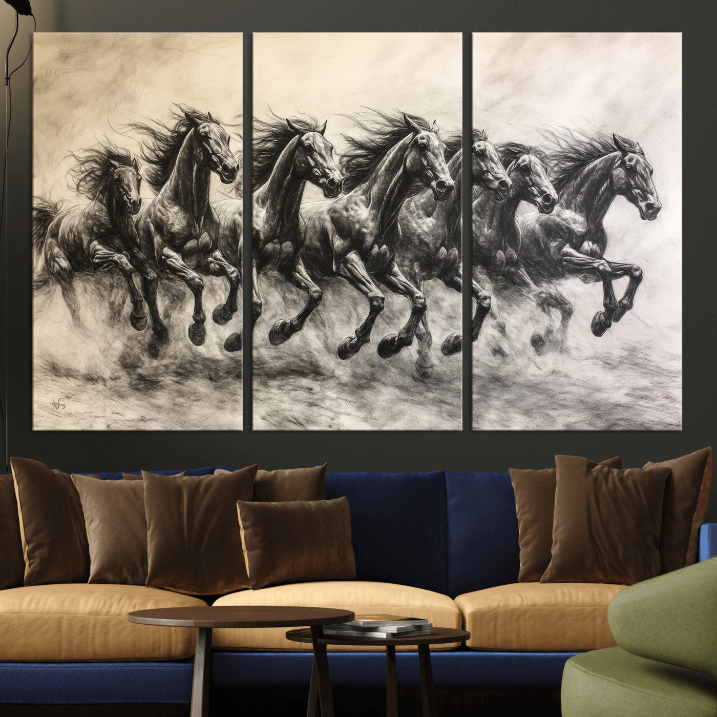 Monochrome drawing of a herd of galloping horses, perfect for dynamic and wild-themed decor in any equestrian or nature-inspired room.