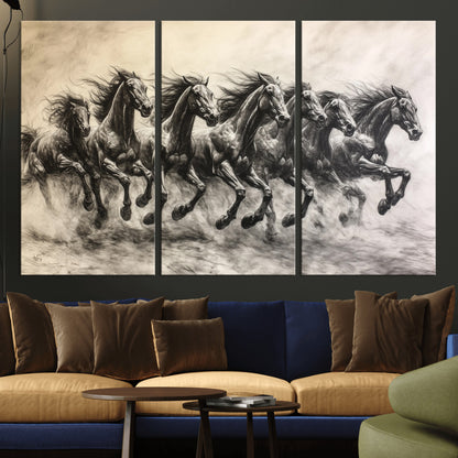 Monochrome drawing of a herd of galloping horses, perfect for dynamic and wild-themed decor in any equestrian or nature-inspired room.