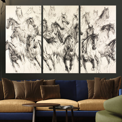 Monochrome ink sketch of galloping horses in dynamic motion, perfect for western or equine-themed wall decor with bold artistic energy.