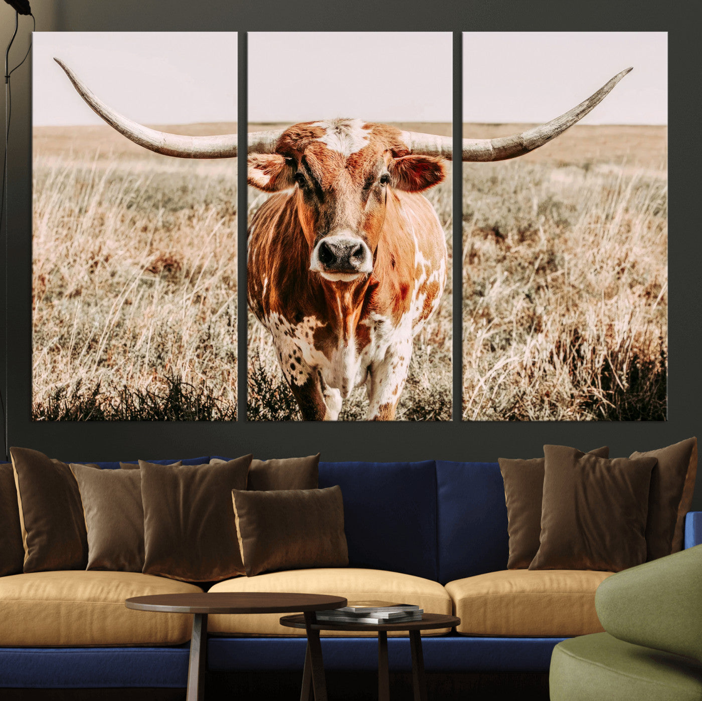Framed longhorn cow canvas wall art with rustic prairie background, western animal print perfect for farmhouse or ranch style decor