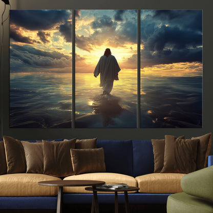 Spiritual artwork of Jesus walking on water at golden hour with divine light, ideal for Christian home decor or prayer room.