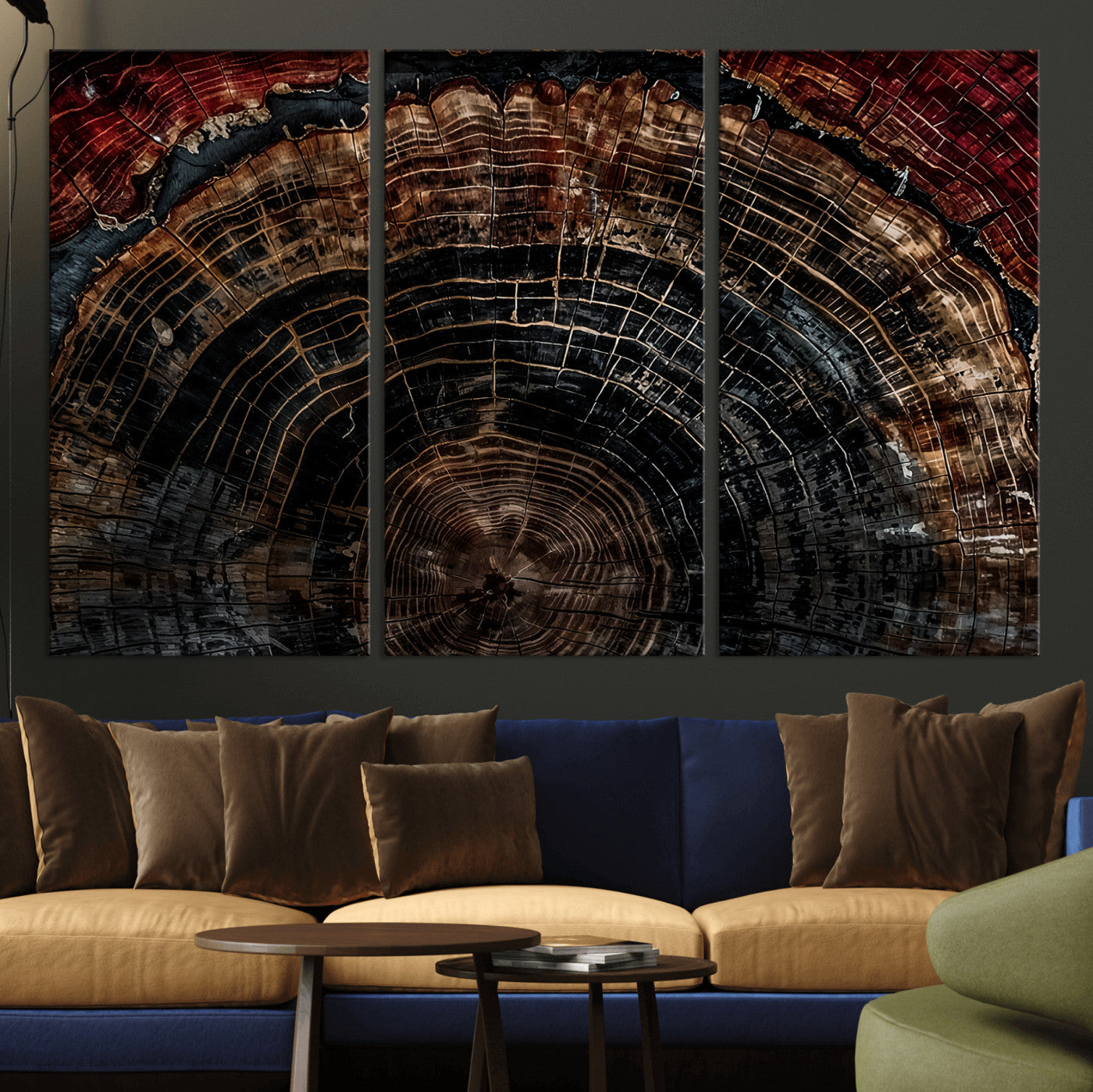 Dark Wood Wall Art Print - Petrified Tree Canvas Print, featuring an intricate tree ring pattern with deep earthy tones and organic textures, perfect for rustic and nature-inspired decor.
